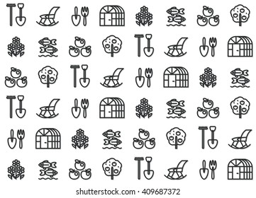 Seamless pattern of market icons for garden store. As example for paper for wrapping goods or use as wallpaper decoration. Dark gray signs on white background.