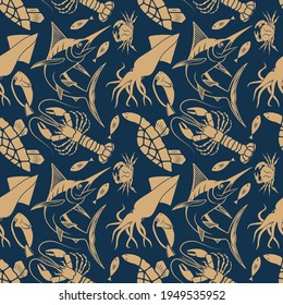 Seamless pattern with marlin fish, lobster, squid, sea turtle, and king crab 