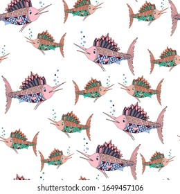 Seamless pattern. Marlin fish. Vector illustration of sea animals. Beautiful drawings with patterns and small details. For the design of children's clothing, textiles, design for children's parties