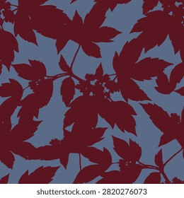Seamless pattern with maroon Acer griseum leaf silhouettes on blue. Perfect for fall textiles, paper prints, and botanical background.