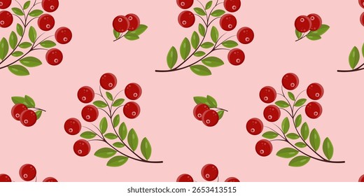 Patrón sin fisuras con arándanos de pantano sobre fondo rosa claro. Para fondos, textiles, manteles, cocina, Fondos de pantalla, ropa de cama, embalaje, bebidas. Imagen de Vector.