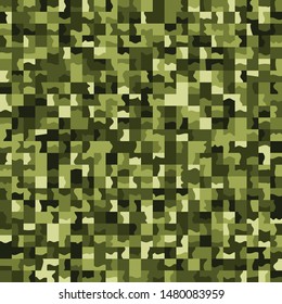 Seamless pattern. Marsh green camouflage made on the basis of pixel art. Shades of the jungle.