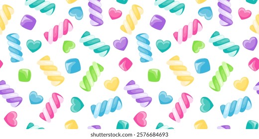 Seamless pattern with marshmallow, candies and sweets. Cute twisted candies, color marshmallow swirls and hearts for Valentines day or birthday decoration, vector illustration