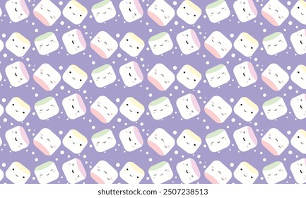  Nahtloses Muster von Marshmallow Niedliches Baby Gesicht Charakter, Cartoon-Charakter-Design, Tapete, Kawaii, Vektorgrafik-Hintergrund 