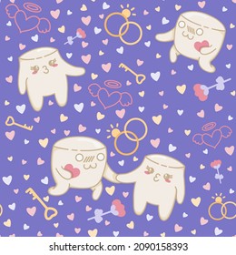 Seamless pattern with marshmallow getting married, love pattern with rings, love key, flower and coloured hearts, flat style. Vector illustration