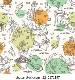 Funcionarios de malvavisco con patrón sin foco: althea officinalis flor, raíz y hojas. Aceite, jabón y sal de baño. Cosméticos y plantas médicas. Ilustración dibujada a mano por el vector