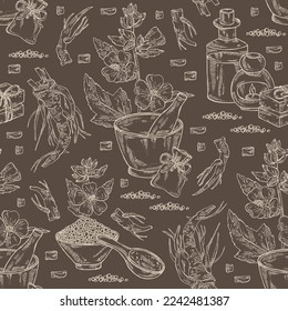 Nahtlose Muster mit Marshmallow officinalis: althea officinalis Blume, Wurzel und Blätter. Öl, Seife und Badesalz. Kosmetika und medizinische Anlagen. handgezeichnete Vektorgrafik