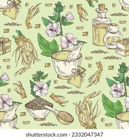 Nahtlose Muster Marshmallow officinalis: althea officinalis Blume, Wurzel und Blätter. Öl, Seife und Badesalz. Kosmetika und medizinische Anlagen. handgezeichnete Vektorgrafik