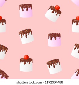 Seamless pattern marshmallow. Zephyr in chocolate. New Year sweets. Vector illustration in a cartoon style. Red background.