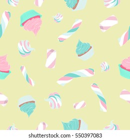 Seamless pattern with marshmallows and cupcakes on yellow background