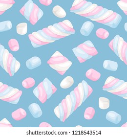 Seamless pattern with marshmallows on blue background. Vector color illustration of dessert in cartoon flat style.
