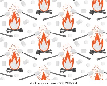 Seamless pattern with marshmallows on stick over bonfire. Black firewood burn in red fire. Marshmallow roasted over camping fire. Vector hand drawn illustration isolated. For textile , wallpaper