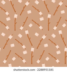 Seamless pattern of marshmallows on sticks for baking over a fire. Picnic, hiking, camping, hiking. Vector illustration in the flat style. Isolated on a white background.