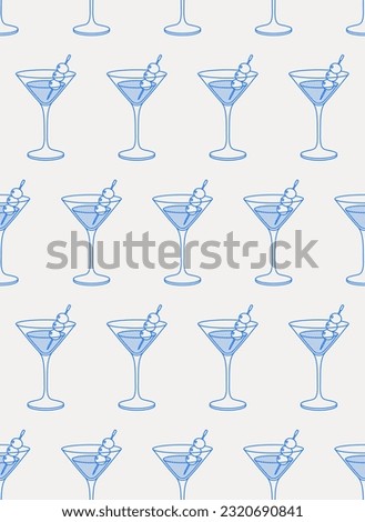 Seamless pattern of martini cocktail. Line art, retro. Vector illustration for bars, cafes, and restaurants.