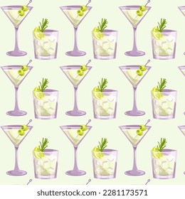 Seamless pattern with Martini , Gin tonic classic cocktail. Italian aperitif cocktails. Alcoholic beverage for drinks bar menu. Beach Holidays, summer vacation, party, cafe bar, recreation. Vector