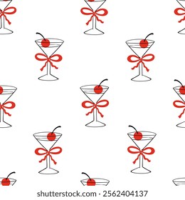 Seamless pattern with martini glass with red bow and cherry. Vector flat background of champagne and ribbon. Christmas, valentines day, birthday, holiday clipart