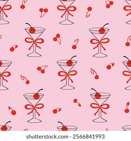 Seamless pattern with martini glass with red bow and cherries. Vector flat background of champagne in vintage style. Christmas, valentines day, birthday, holiday clipart