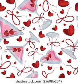 seamless pattern with martini glasses and bud glass with pink drink and berries in the shape of hearts and red bows, design for valentine's day