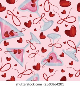 seamless pattern with martini glasses and a bud glass with a pink drink and berries in the shape of hearts and red bows on a pink background, design for valentine's day