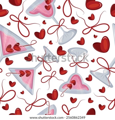 seamless pattern with martini glasses and bud glass with pink drink and berries in the shape of hearts and red bows, design for valentine's day