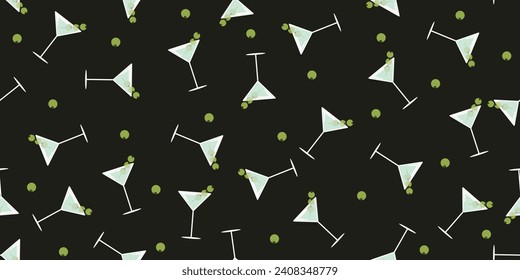 Seamless pattern with Martini glasses isolated dark background. Flat wallpaper design with glass of alcoholic drinks. Vector illustration can used print, card cover and social media poster