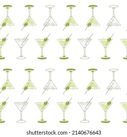 Seamless pattern of martini glasses and olives in a linear style. Vector illustration isolated on a white background for decor, wrapping paper, fabric