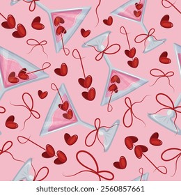 seamless pattern with martini glasses, pink champagne, berries in the shape of a heart and bows on a light pink background for Valentine's Day