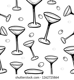 seamless pattern, martini glasses, sketch, vector, isolated on white background