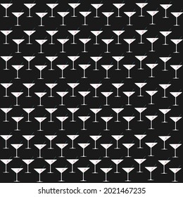 Seamless pattern of martini glasses with straw and cherry on dark grey background. Vector illustration