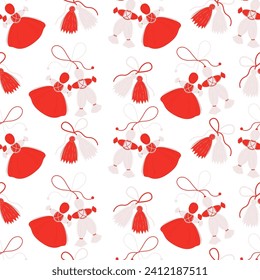 Seamless pattern Martisor. Martenitsa Red and white couple talisman, accessory on white background. Traditional spring holiday in Romania, Bulgarian and Moldova. Vector illustration.