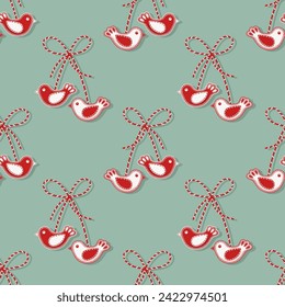 Seamless pattern, Martisor, red and white symbol of spring. Traditional spring holiday in Romania and Moldova. Background, vector.