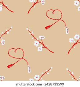 Seamless pattern with Martisor Twig with White Blossoms and Red Tassels 