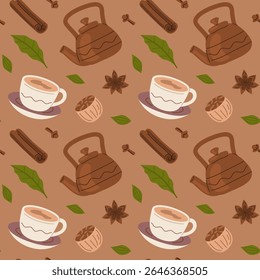 Seamless pattern of masala chai with teapots, cups, cinnamon, cloves, star anise, nutmeg, and green leaves on brown background.
