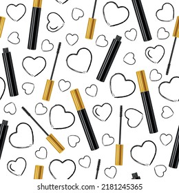 Seamless pattern with mascara in a closed tube and with a brush and black hearts isolated on a white background. Vector illustration