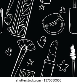 Seamless pattern with mascara, lipstick, blush, eyeshadow and brush on black background. Good for printing. Wallpaper and fabric design. Wrapping paper idea. Doodle style.