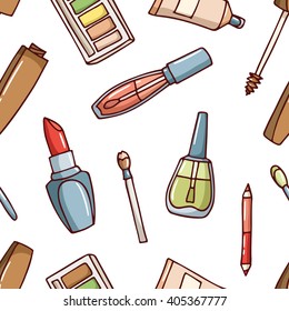 Seamless pattern with mascara, nail polish, foundation, lipstick, brush, cosmetic pencil, eye shadow.