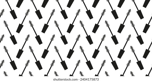 Seamless  pattern of mascara on white background. Black mascara brush. Vector brush mascara seamless pattern. Make-up product background design, repeating print with black brush mascara 