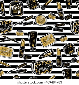 Seamless pattern with mascara, perfume, lipstick,eye shadows,brush, powder, lip gloss, skin cream. Vector cosmetics repeat background. Cute fashion illustration. 