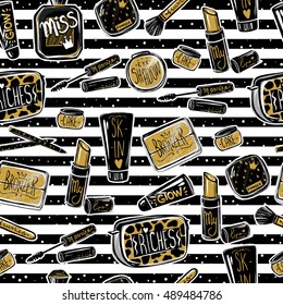 Seamless pattern with mascara, perfume, lipstick,eye shadows,brush, powder, lip gloss, skin cream. Vector cosmetics repeat background. Cute fashion illustration. 
