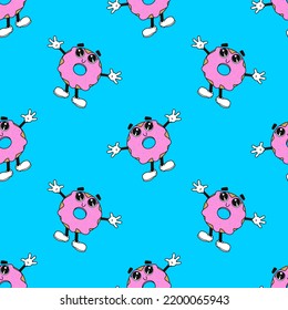 Seamless pattern with the mascot character donut. Flat vector illustration. For printing on T shirts and other purposes.