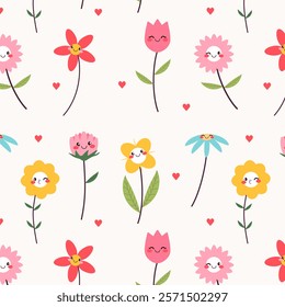 Seamless pattern with mascot flowers. Floral springtime illustration.