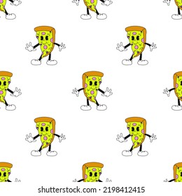 Seamless pattern with the mascot pizza character. Flat vector illustration. For printing on T-shirts and other purposes.
