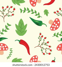 seamless pattern of mashroom chili plants leaf background eps vector 