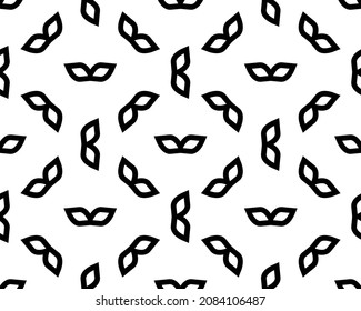 Seamless pattern with mask. Black and white carnival simple design. Superhero mask. Traditional venetian festive carnival icon. Masquerade. Vector illustration. Background. Texture. Symbols pictogram.