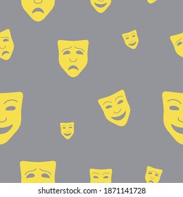 Seamless pattern, a mask of comedy and drama. With 2021 colors (Ultimate Gray + Illuminating). Trend background for your design. Holiday - World Theatre Day