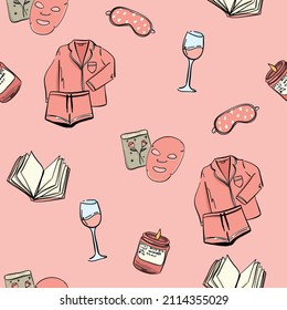 Seamless pattern with mask, glass of wine, candles, book. Background for textile, fabric, stationery, clothes, wrapping paper, socks, web and other designs.