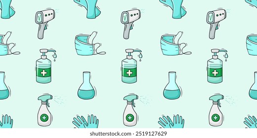 Patrón sin fisuras - con máscara, guantes, desinfectante. Prevención de enfermedades. Señales dibujadas a mano - objetos de atención médica. Vector dibujado a mano telón de fondo