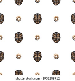 Seamless pattern with mask in Maori style. Polynesian style tiki. Good for backgrounds and textiles. Vector illustration