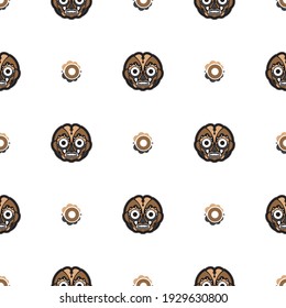 Seamless pattern with mask in the style of Maori or Samoa. Polynesian style tiki. Good for backgrounds and textiles. Vector