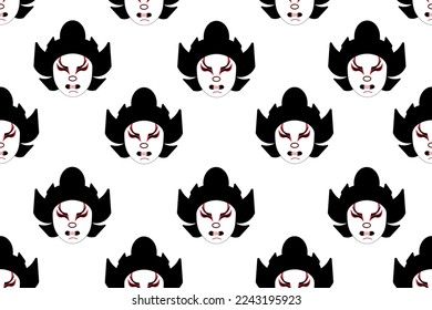 Seamless pattern with mask in a traditional Japanese kabuki theater. Folk art of Japan. Wallpaper or fabric print. Website banner about art.